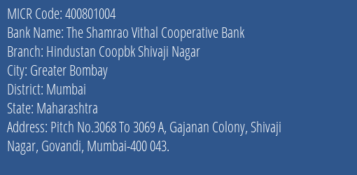 Hindustan Coop Bank Shivaji Nagar MICR Code