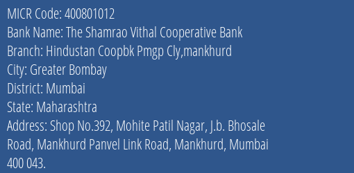 Hindustan Coop Bank Pmgp Cly Mankhurd MICR Code