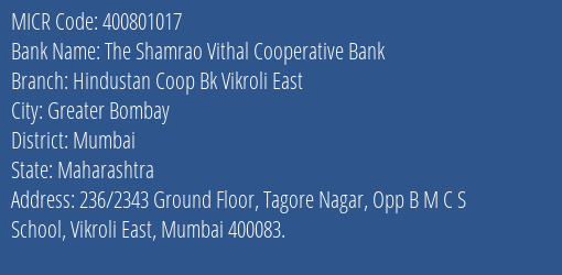Hindustan Coop Bank Vikroli East MICR Code