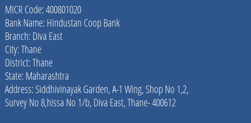 The Shamrao Vithal Cooperative Bank Hindustan Coop Bk Diva East MICR Code
