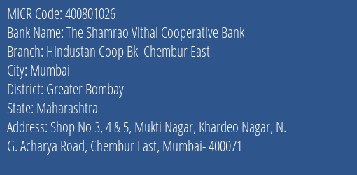 Hindustan Coop Bk Chembur East MICR Code