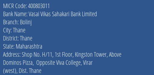 Vasai Vikas Sahakari Bank Limited Bolinj MICR Code