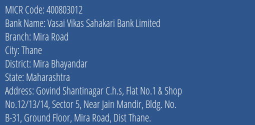 Vasai Vikas Sahakari Bank Limited Mira Road MICR Code