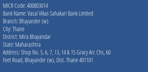 Vasai Vikas Sahakari Bank Limited Bhayander W MICR Code
