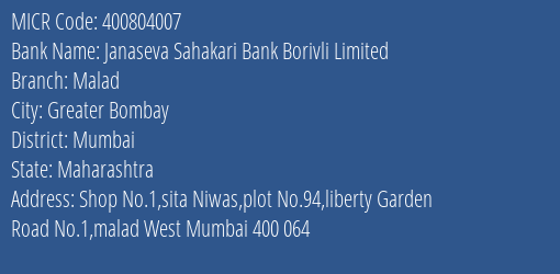 Janaseva Sahakari Bank Borivli Limited Malad MICR Code