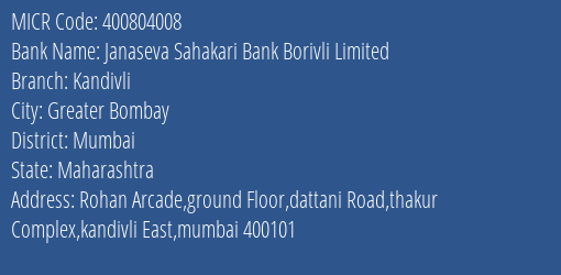 Janaseva Sahakari Bank Borivli Limited Kandivli MICR Code
