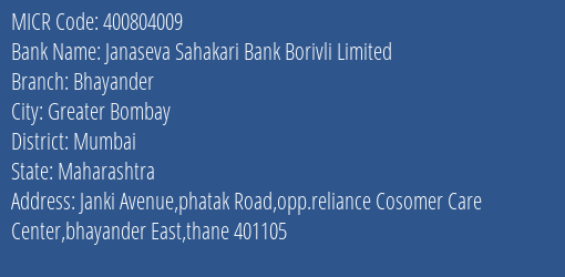 Janaseva Sahakari Bank Borivli Limited Bhayander MICR Code