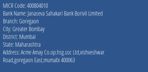 Janaseva Sahakari Bank Borivli Limited Goregaon MICR Code