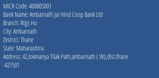 Ambarnath Jai Hind Coop Bank Ltd Rtgs Ho MICR Code