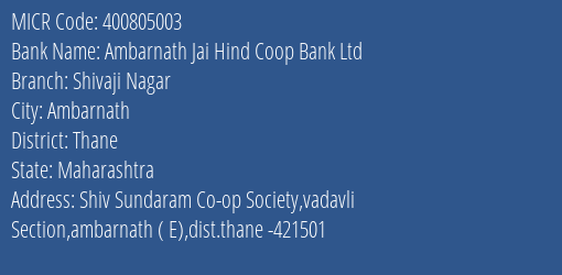 Ambarnath Jai Hind Coop Bank Ltd Shivaji Nagar MICR Code