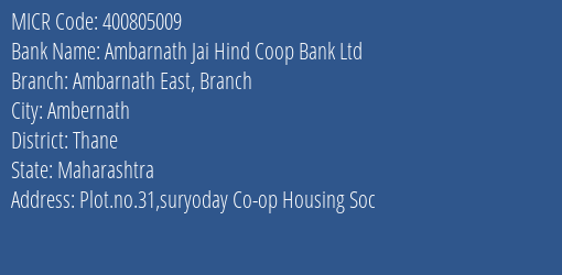 Ambarnath Jai Hind Coop Bank Ltd Ambarnath East Branch MICR Code
