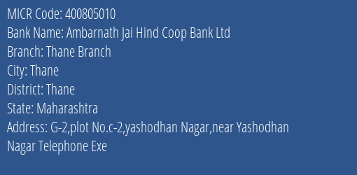 Ambarnath Jai Hind Coop Bank Ltd Thane Branch MICR Code
