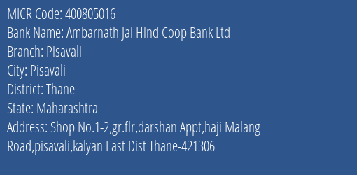 Ambarnath Jai Hind Coop Bank Ltd Pisavali MICR Code
