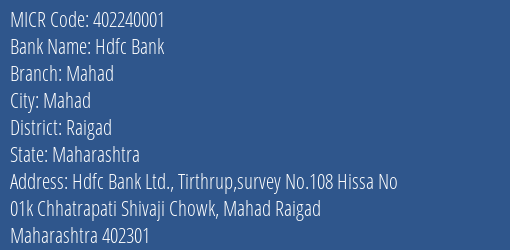 Hdfc Bank Mahad MICR Code