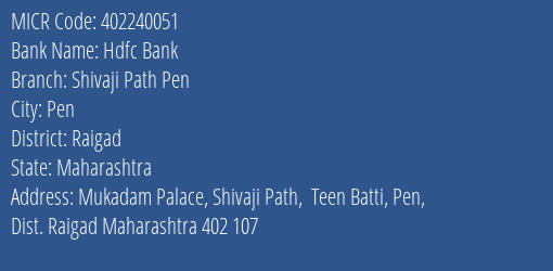Hdfc Bank Shivaji Path Pen MICR Code