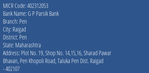 G P Parsik Bank Pen MICR Code