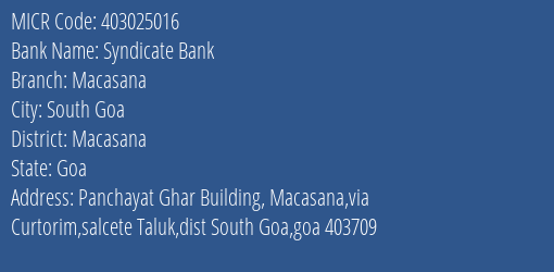 Syndicate Bank Macasana Branch Address Details and MICR Code 403025016