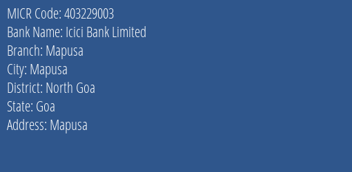 Icici Bank Limited Mapusa MICR Code
