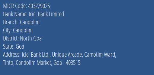 Icici Bank Limited Candolim MICR Code