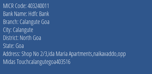 Hdfc Bank Calangute Goa MICR Code