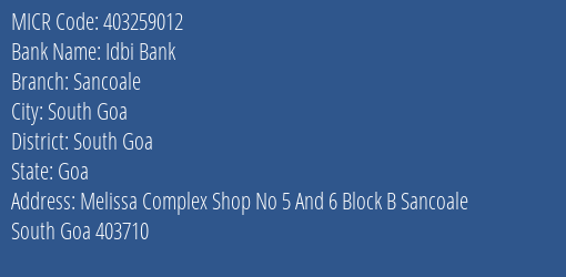 Idbi Bank Sancoale MICR Code