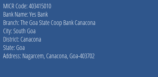 The Goa State Co Operative Bank Ltd Canacona MICR Code