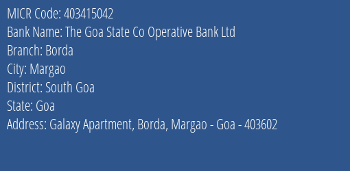 The Goa State Co Operative Bank Ltd Borda MICR Code