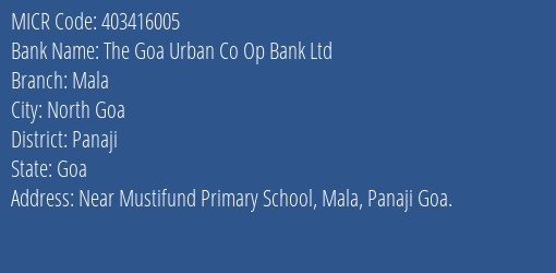 The Goa Urban Co Op Bank Ltd Mala MICR Code