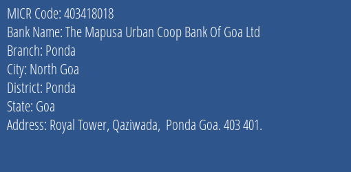 Hdfc Bank The Mapusa Urb Coop Bank Of Goa Ltd Branch Address Details and MICR Code 403418018