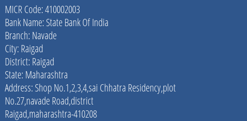 State Bank Of India Navade MICR Code