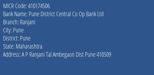 Pune District Central Co Op Bank Ltd Ranjani MICR Code