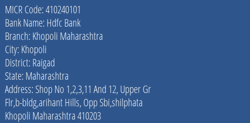 Hdfc Bank Khopoli Maharashtra MICR Code