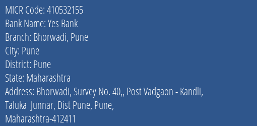 Yes Bank Bhorwadi Pune MICR Code