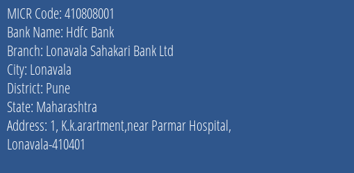 Lonavala Sahakari Bank Ltd Lonavala MICR Code