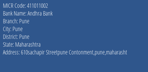 Andhra Bank Pune MICR Code