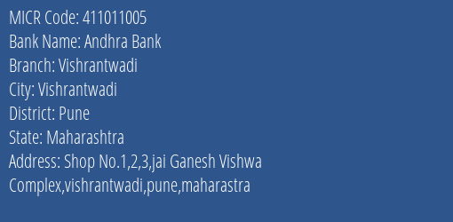 Andhra Bank Vishrantwadi MICR Code