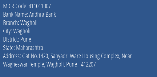Andhra Bank Wagholi MICR Code