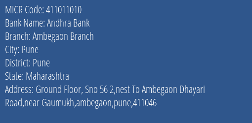 Andhra Bank Ambegaon Branch MICR Code