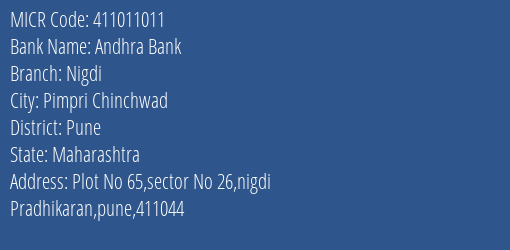 Andhra Bank Nigdi MICR Code