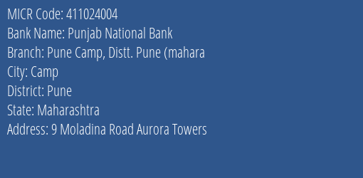 Punjab National Bank Pune Camp Distt. Pune Mahara MICR Code