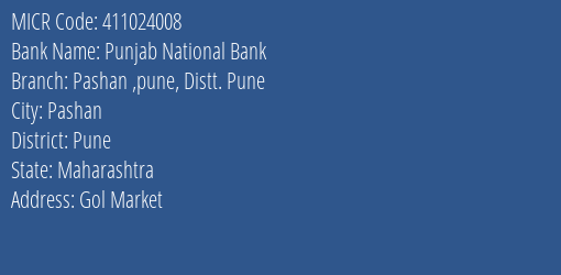 Punjab National Bank Pashan Pune Distt. Pune MICR Code