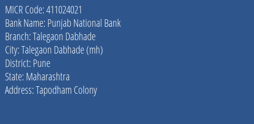Punjab National Bank Talegaon Dabhade MICR Code
