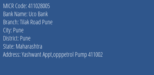 Uco Bank Tilak Road Pune MICR Code
