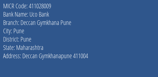 Uco Bank Deccan Gymkhana Pune MICR Code