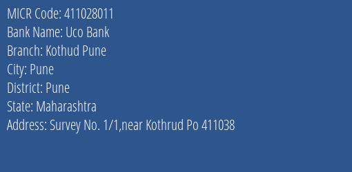 Uco Bank Kothud Pune MICR Code