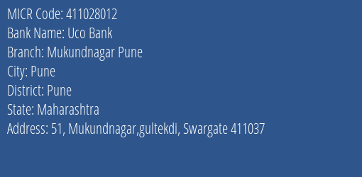 Uco Bank Mukundnagar Pune MICR Code