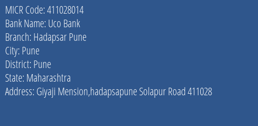 Uco Bank Hadapsar Pune MICR Code