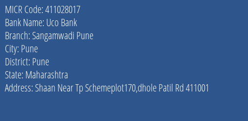 Uco Bank Sangamwadi Pune MICR Code