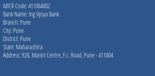Ing Vysya Bank Pune MICR Code