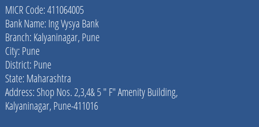 Ing Vysya Bank Kalyaninagar Pune MICR Code